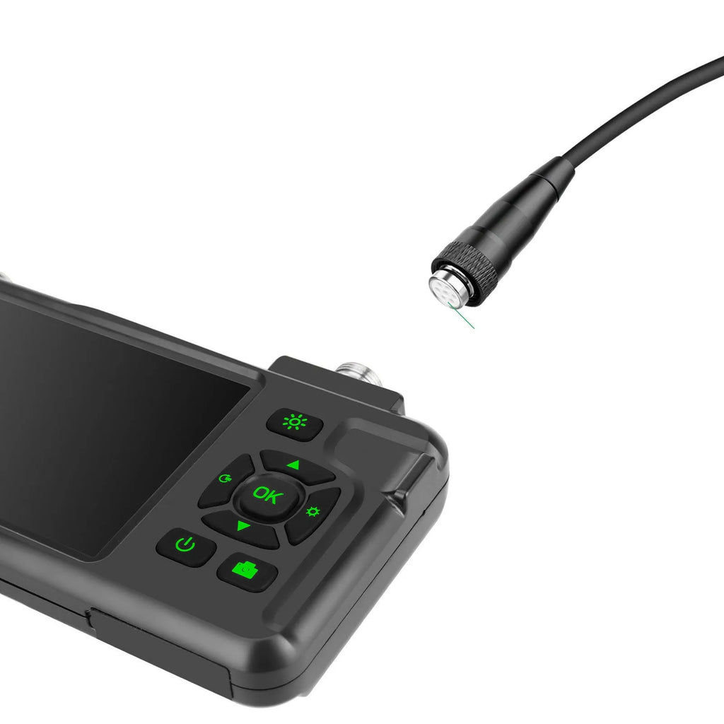 Handheld industrial endoscope with 4.5-inch screen and black probe on a coiled cable