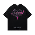 Men's white cotton t-shirt with retro design print showing loose fit and short sleeves