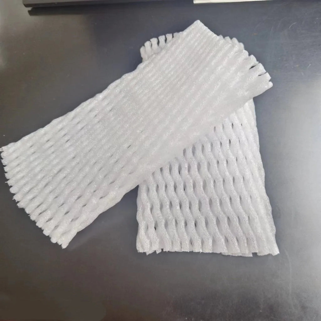White foam fruit net cover shown with size options for shockproof fruit protection