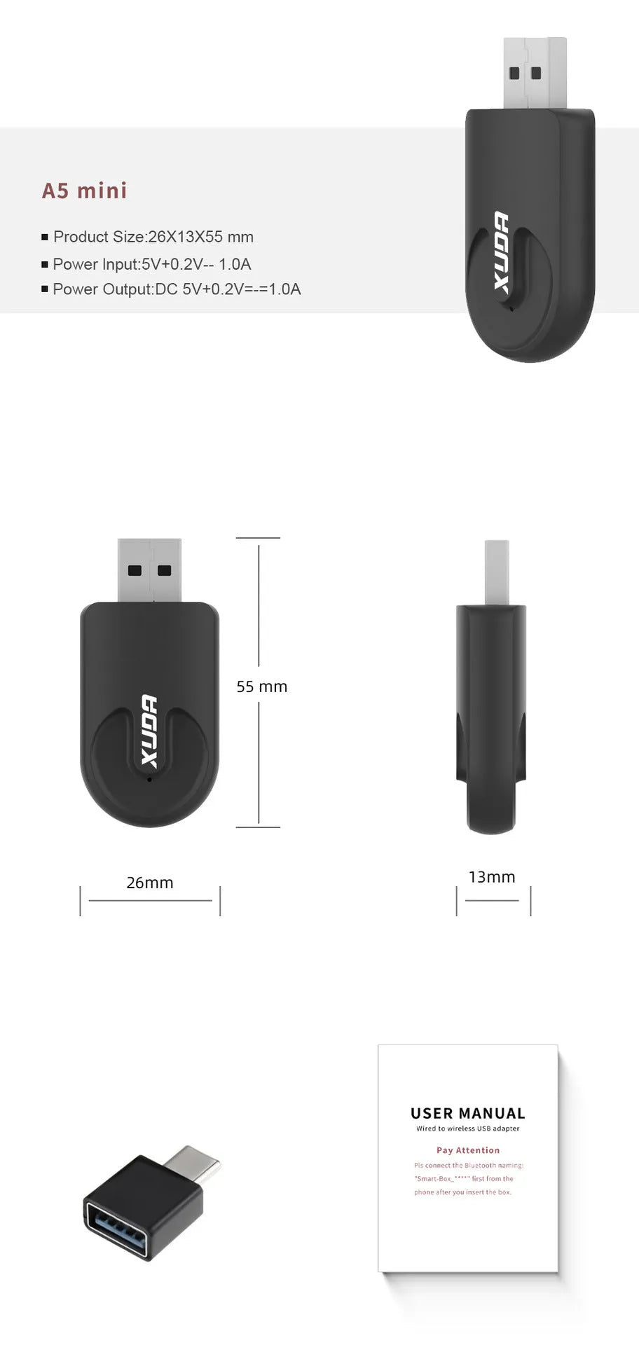 Black mini CarPlay USB interface adapter with compact dimensions for wireless smartphone connectivity in vehicles