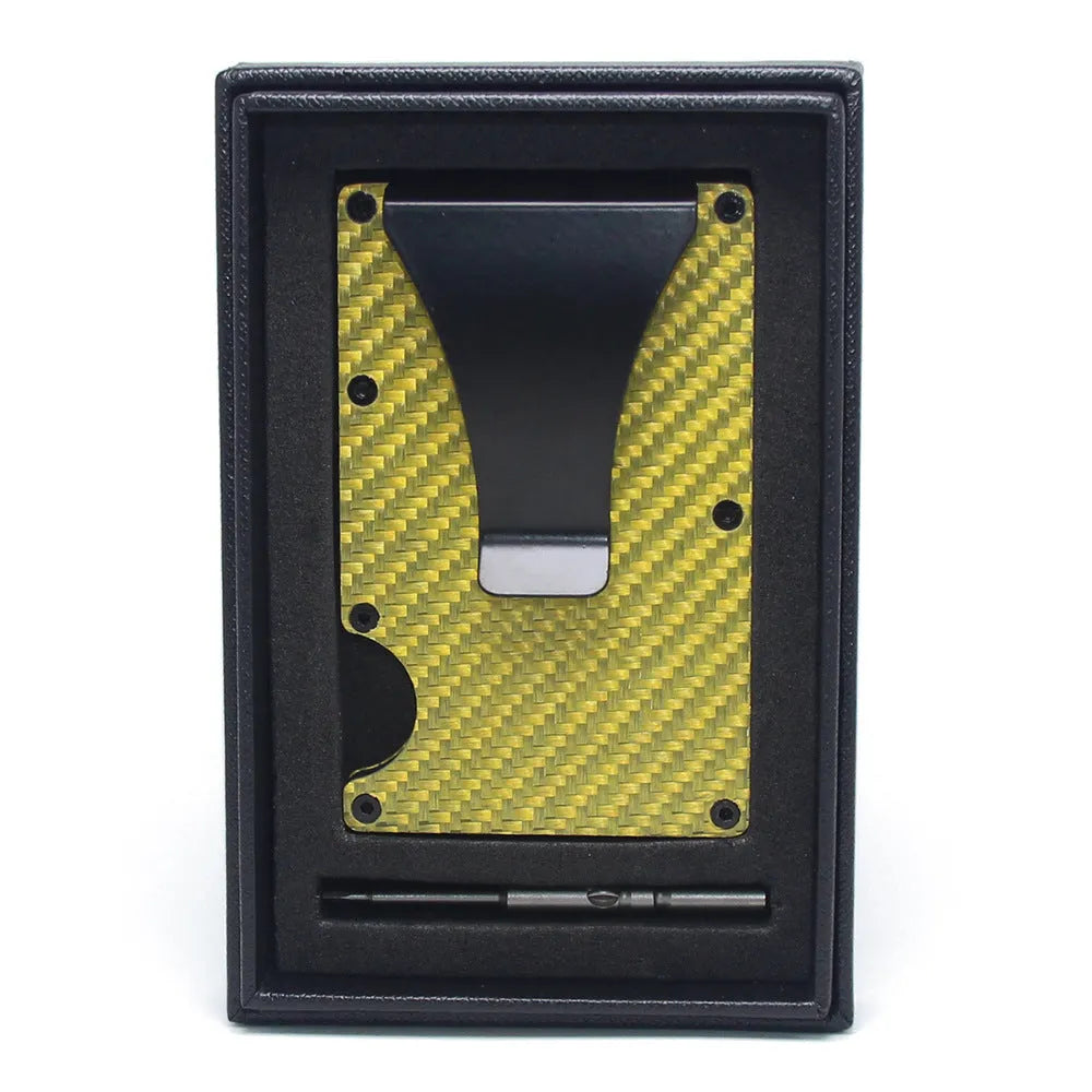 Carbon fibre geometric wallet card holder showing 8mm thickness holding multiple bank cards