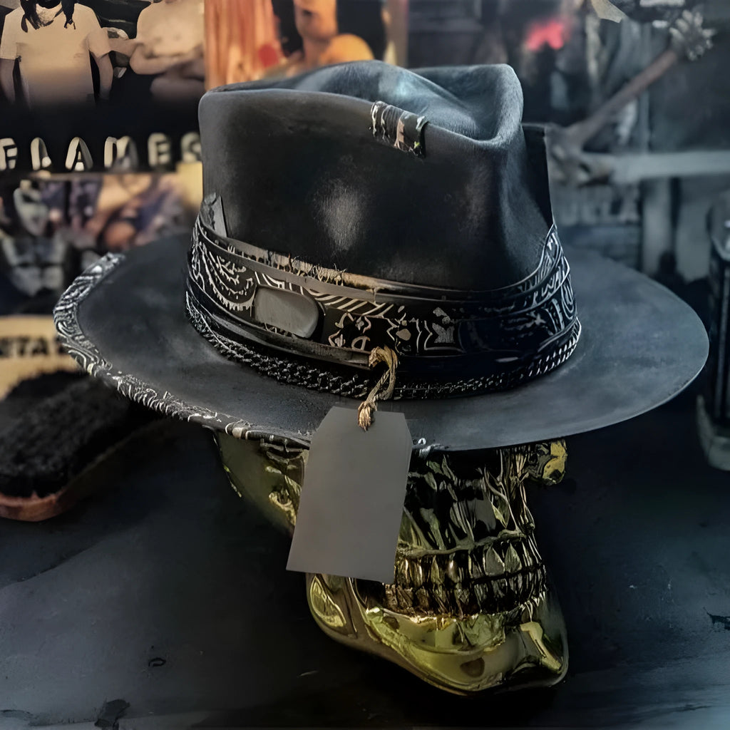 Handmade wool skull hat with conical crown design in Halloween style
