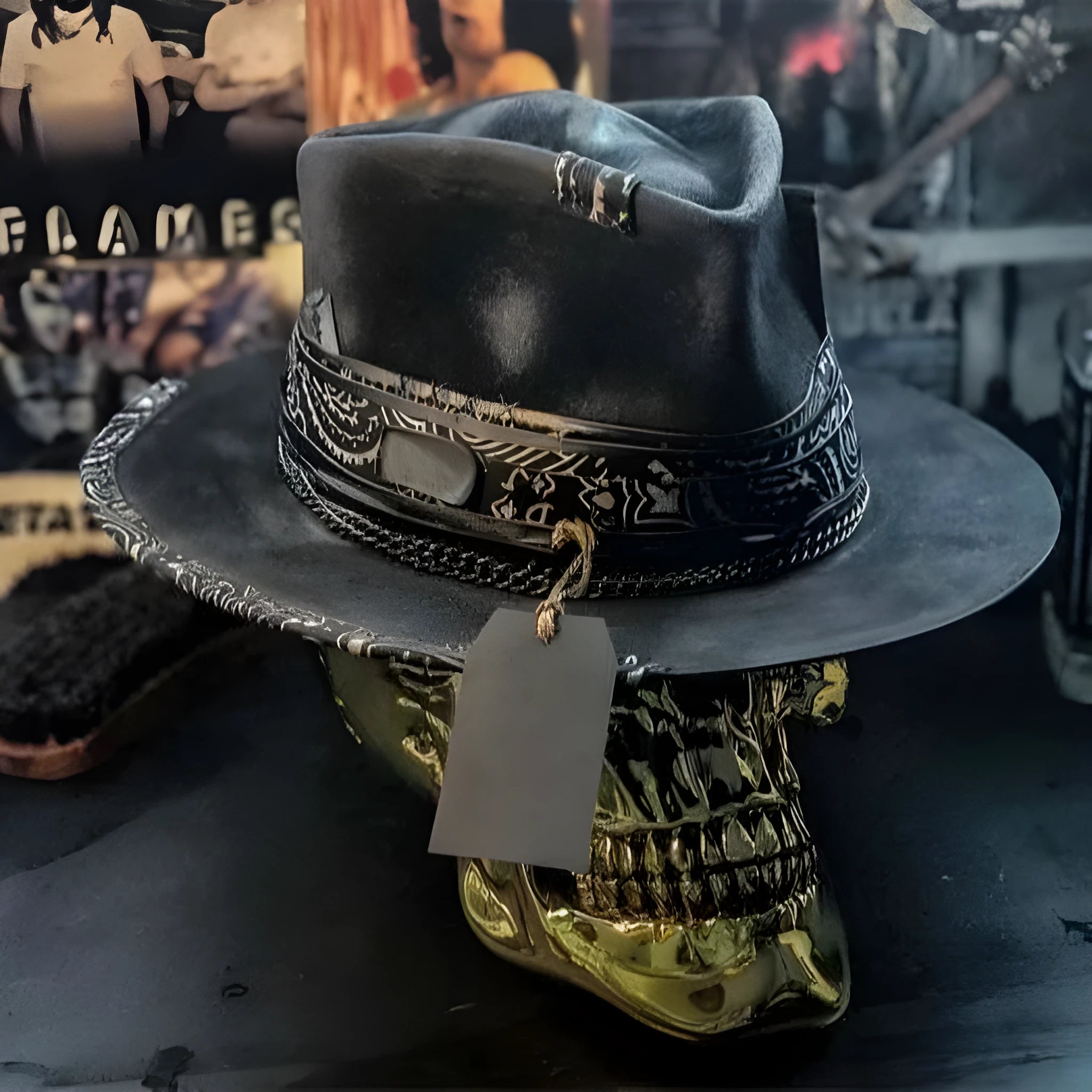 Handmade wool skull hat with conical crown design in Halloween style