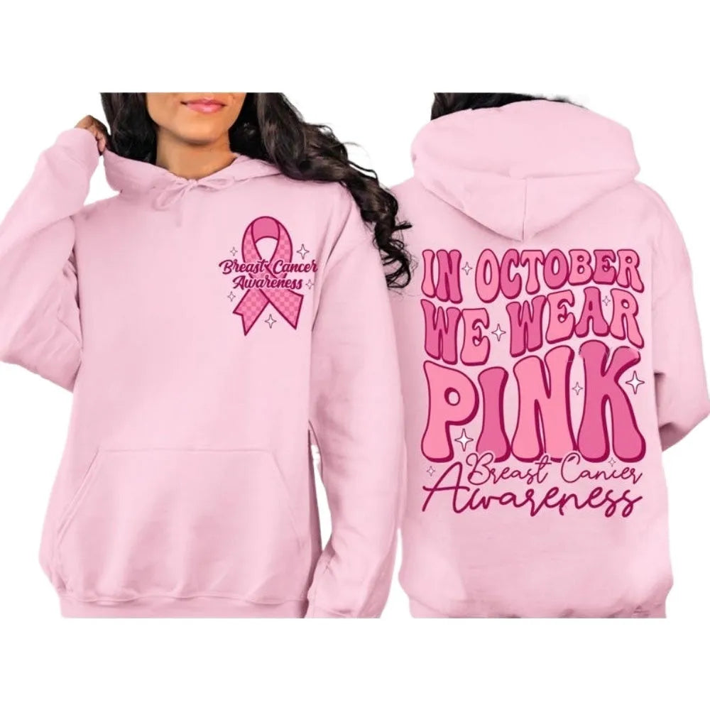 Breast Cancer Awareness hoodie with retro pattern hot stamping and side seam pocket in pink colour