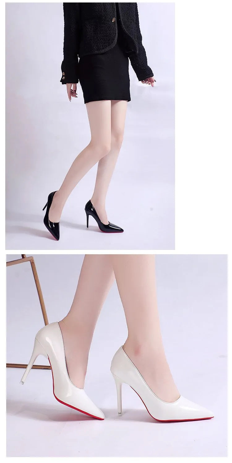 Women's black pointed toe stiletto pump with a shallow mouth design on a rubber sole.