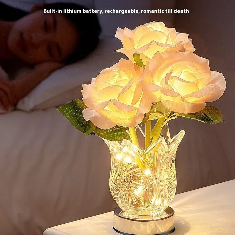 Crystal flowers table lamp with touch control dimming on bedside table