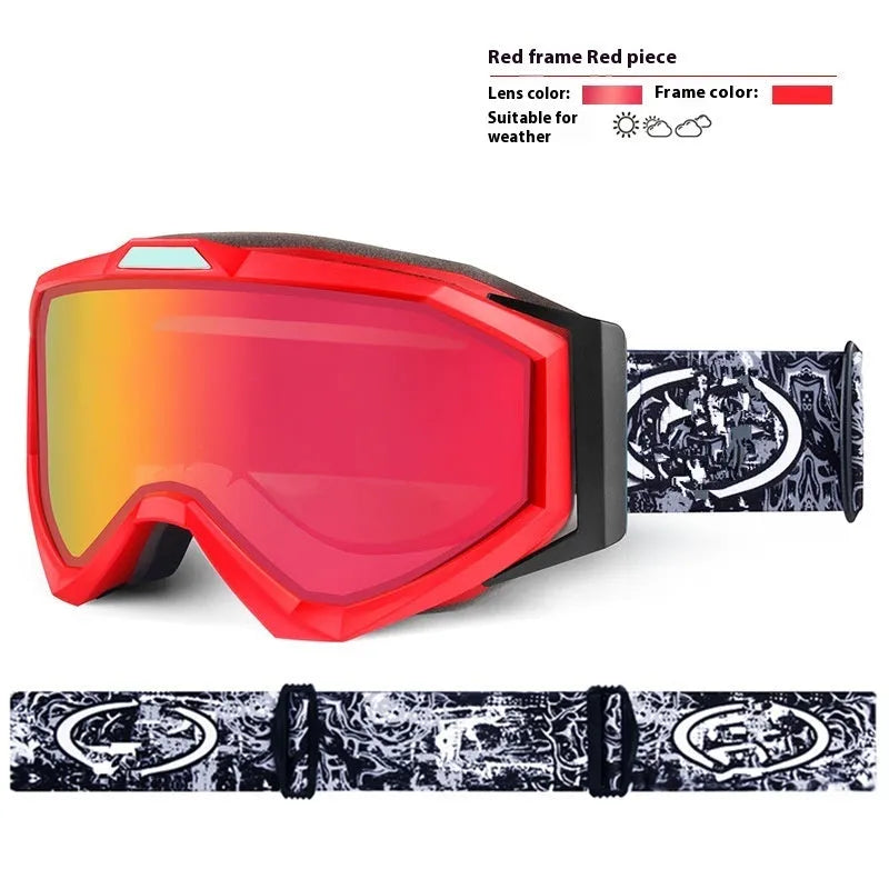 Double layer motorcycle goggles with TPU frame and anti-fog lens in black red blue or silver with storage bag