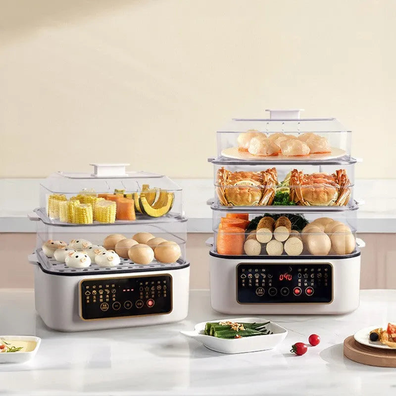28-litre capacity electric steamer with stainless steel steaming rack and automatic measuring function.