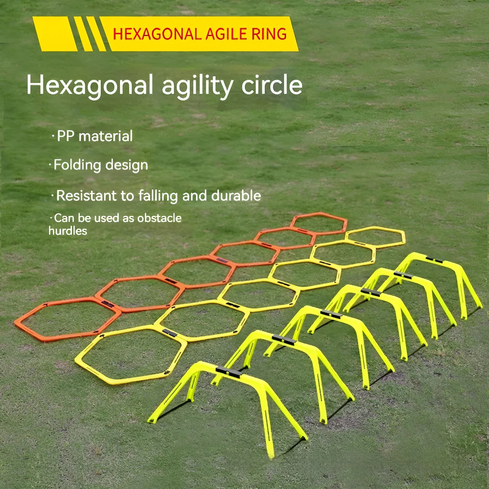 Six foldable hexagon football agility training rings in yellow, green, and orange colours laid out on grass.