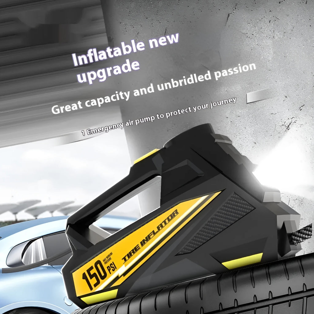 Black portable electric tyre inflator with digital display for vehicle tyre pressure maintenance
