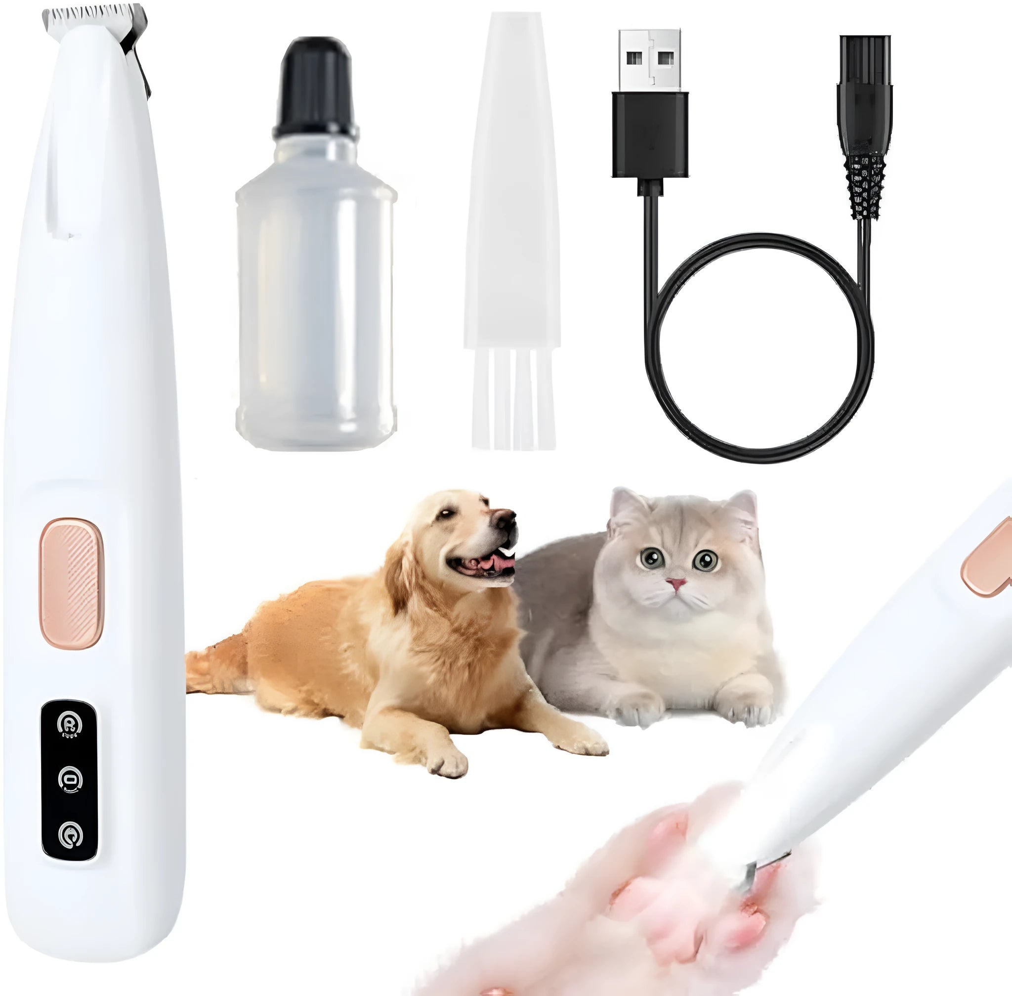 White rechargeable dog paw trimmer with LED light for precise grooming around pet paw pads