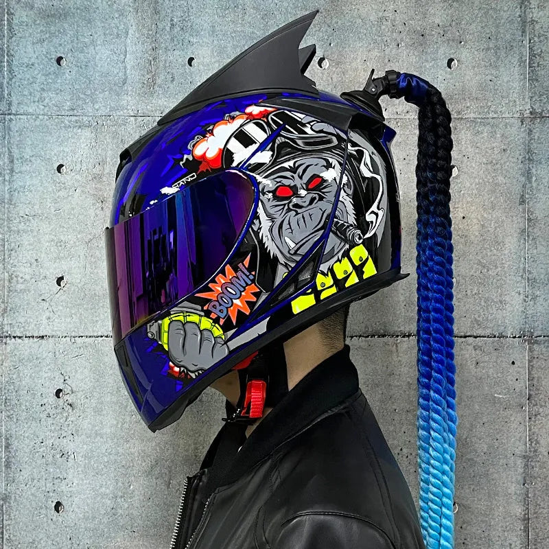Couples' Dirty Braids full face motorcycle helmet in Black Clown graphic style on a white background.
