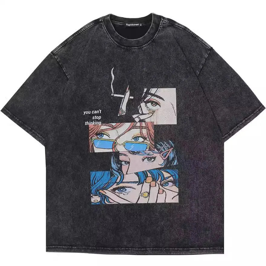 Retro cartoon print cotton-padded t-shirt for men in washed black with loose streetwear styling