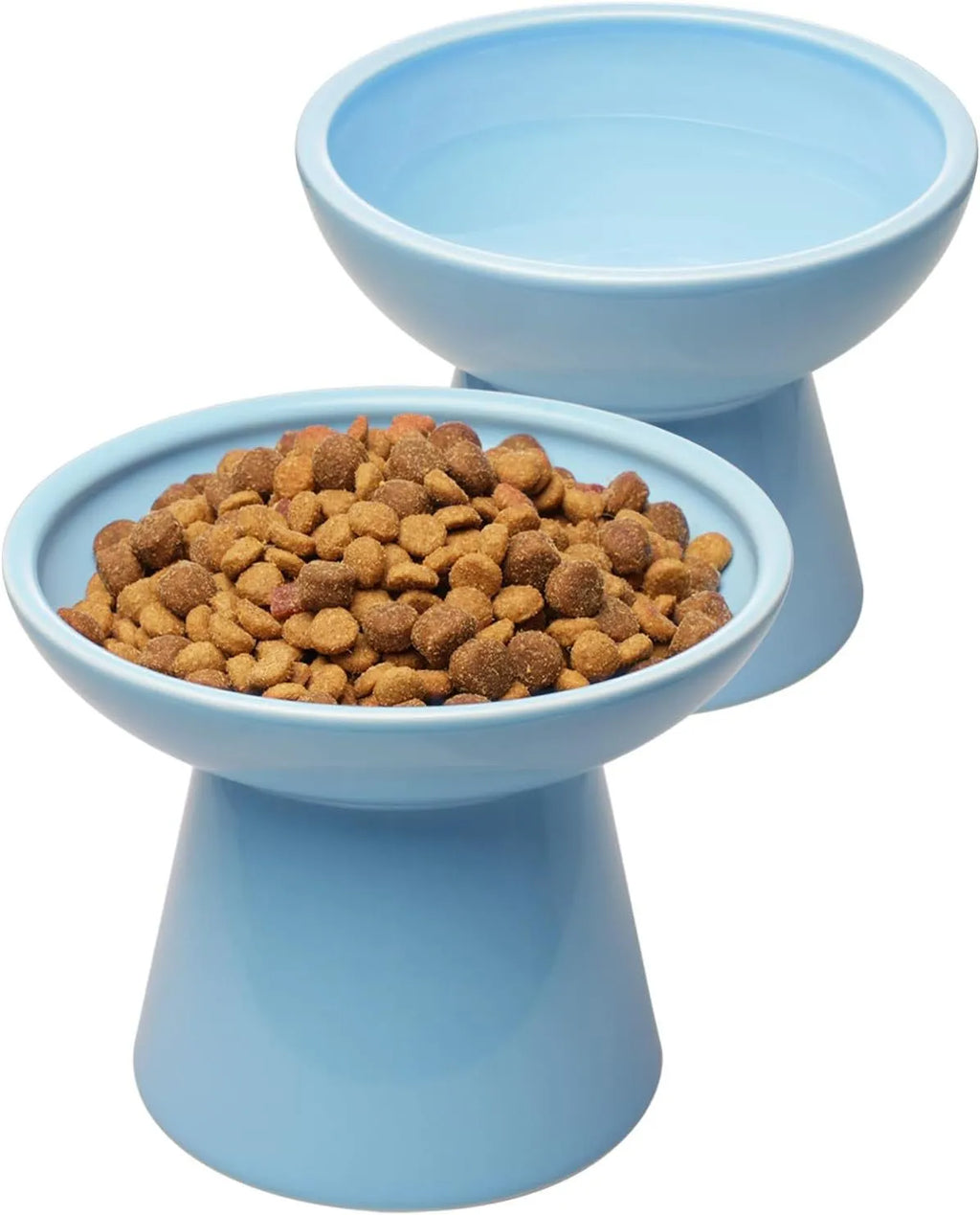 Elevated ceramic cat bowl with wide shallow dish in blue, green, pink or white colours