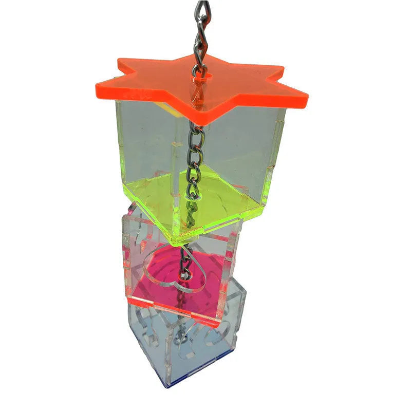 Clear acrylic parrot foraging toy measuring 5cm by 5cm by 32cm with bird treats visible inside