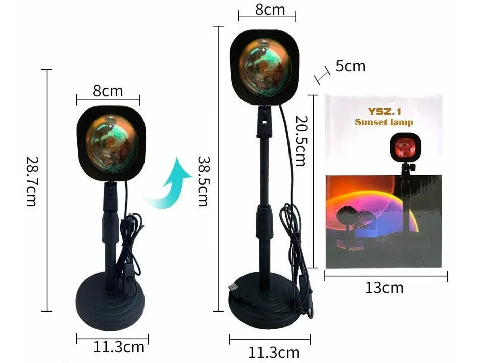 Rechargeable sunset projection lamp showing rainbow colour effects with USB cable