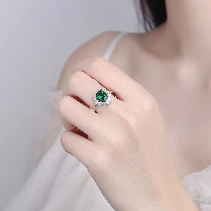 Blue moissanite women's ring with flower shape design and zirconium inlays on electroplated copper band