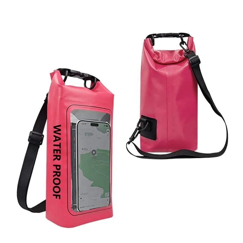 Waterproof crossbody dry bag for mobile phones in multiple colours, shown in 2L and 5L sizes.