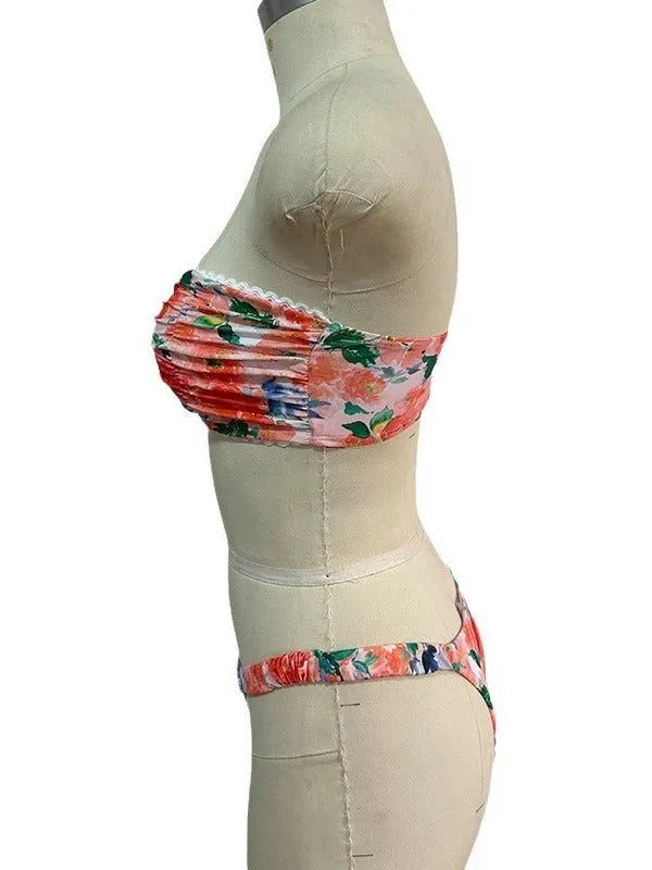 Women's printed floral tube top bikini with lace detailing in blue, pink, yellow or multicolour options