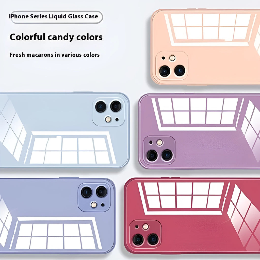 Liquid silicone tempered glass phone case for iPhone 12-14 Pro Max in black, blue gray, cherry purple, granny grey, white