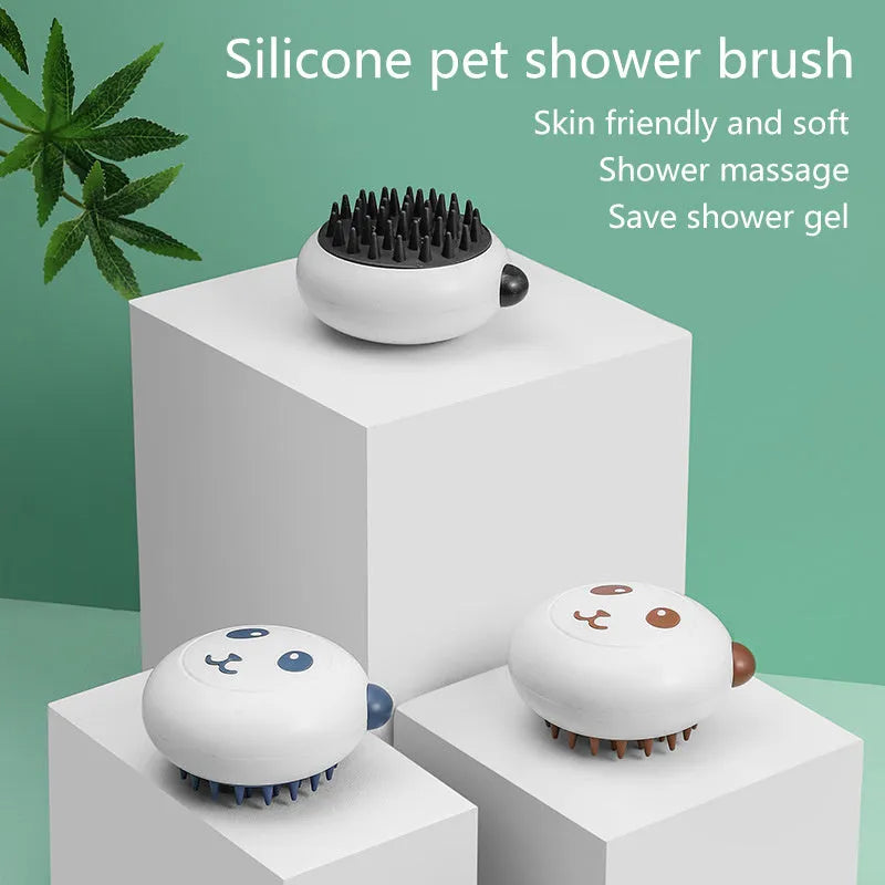 Panda-shaped silicone pet bath brush with soft bristles for cats and dogs in blue colour