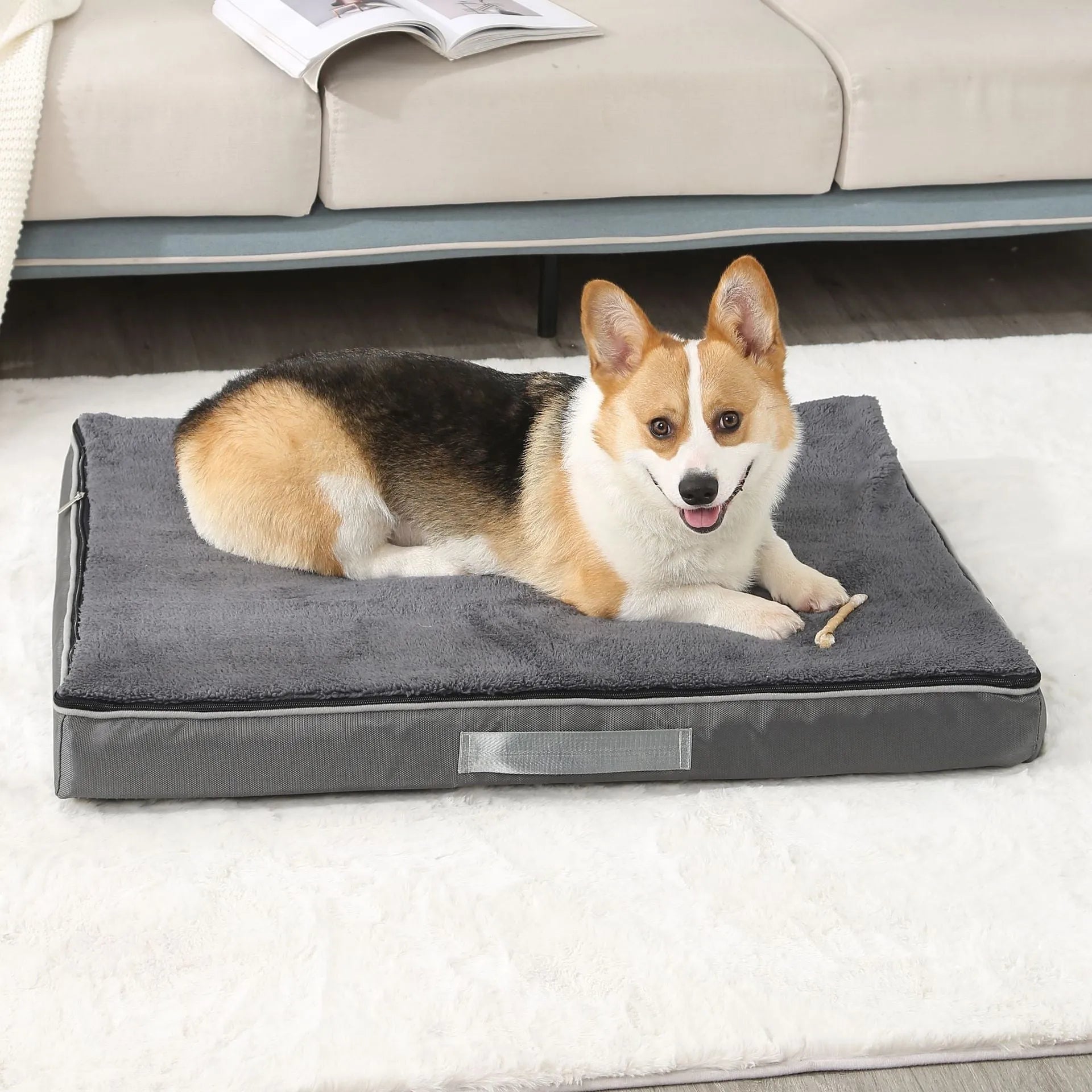 Removable washable memory sponge dog mat in brown, showing size and texture.
