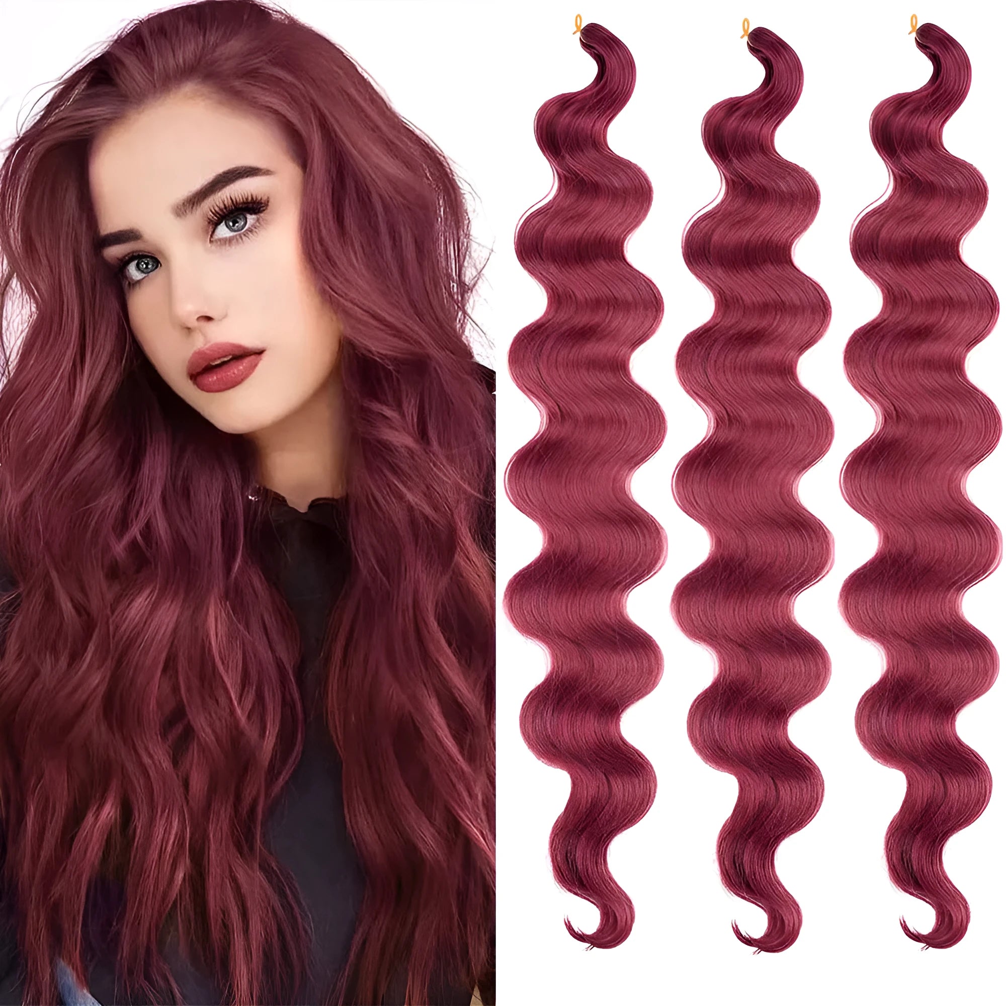 Wine red synthetic crochet braiding hair with big waves, shown at 24 inches length.