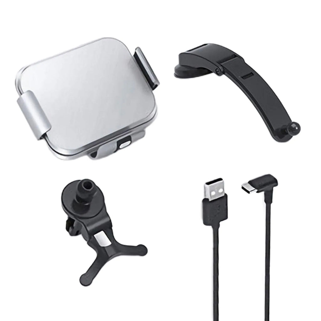 Grey in-car mobile phone holder with folding screen and wireless charging bracket showing air conditioner clip and suction cup mounting options