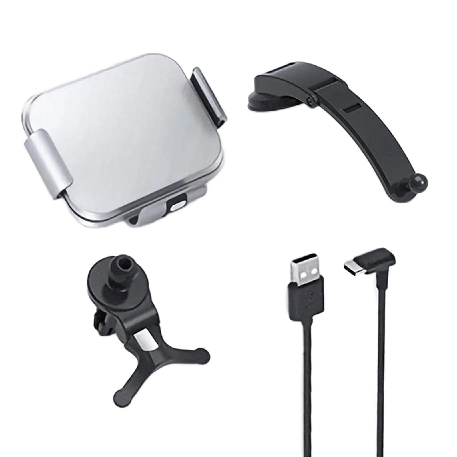 Grey in-car mobile phone holder with folding screen and wireless charging bracket showing air conditioner clip and suction cup mounting options