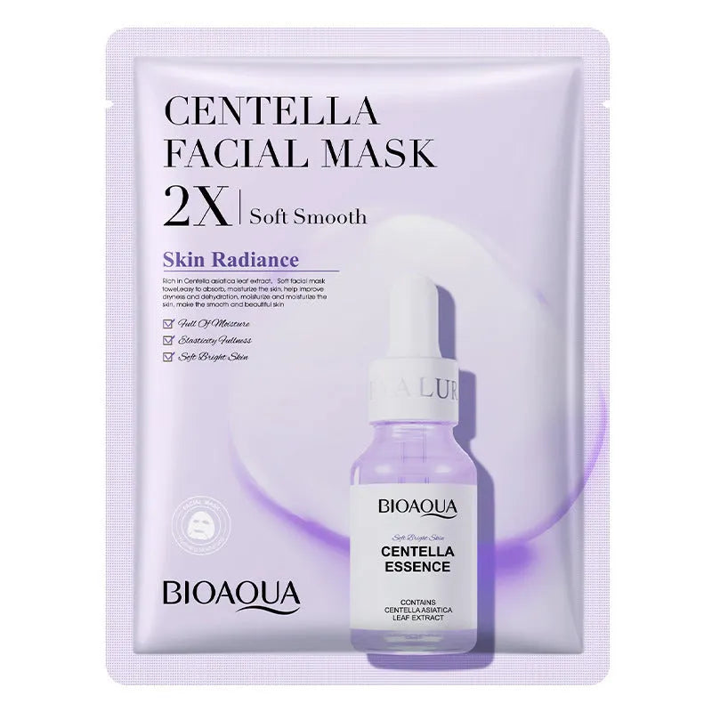 Single-use facial sheet mask with gel serum, shown in Centella, Collagen, Hyaluronic Acid or Vitamin C variants.