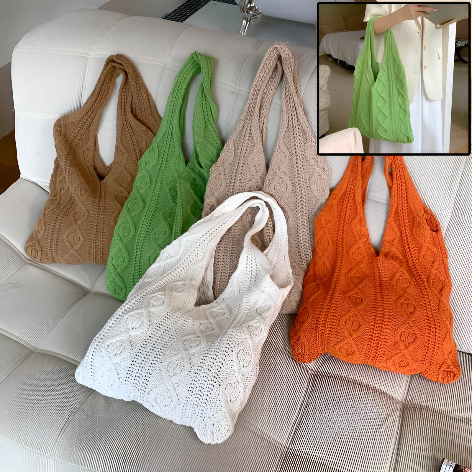 Women's retro hollow knitted woolen yarn shoulder tote bag in crochet texture with double straps