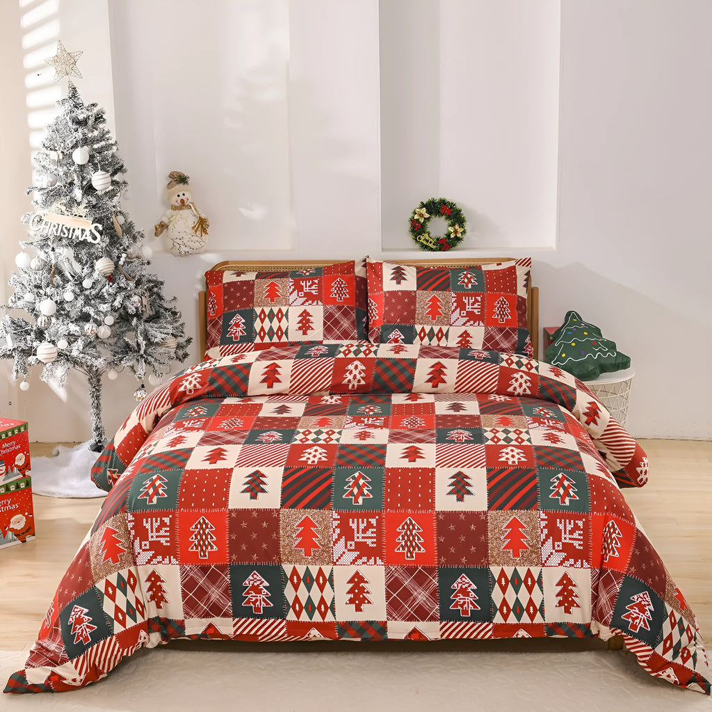 Christmas red plaid pattern bedding three-piece set showing bed cover-style European design