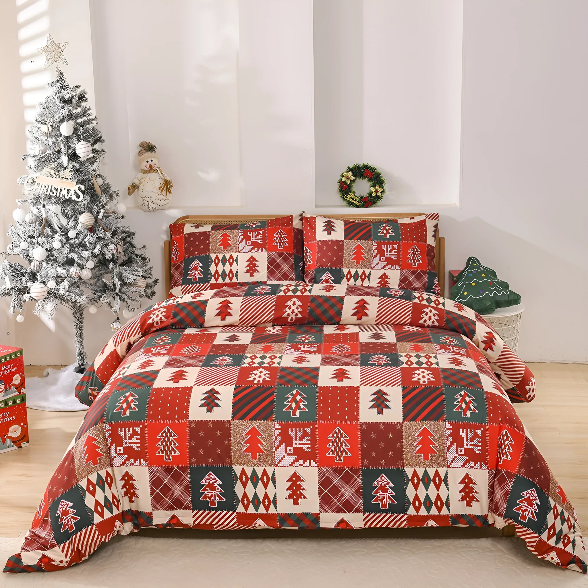 Christmas red plaid pattern bedding three-piece set showing bed cover-style European design