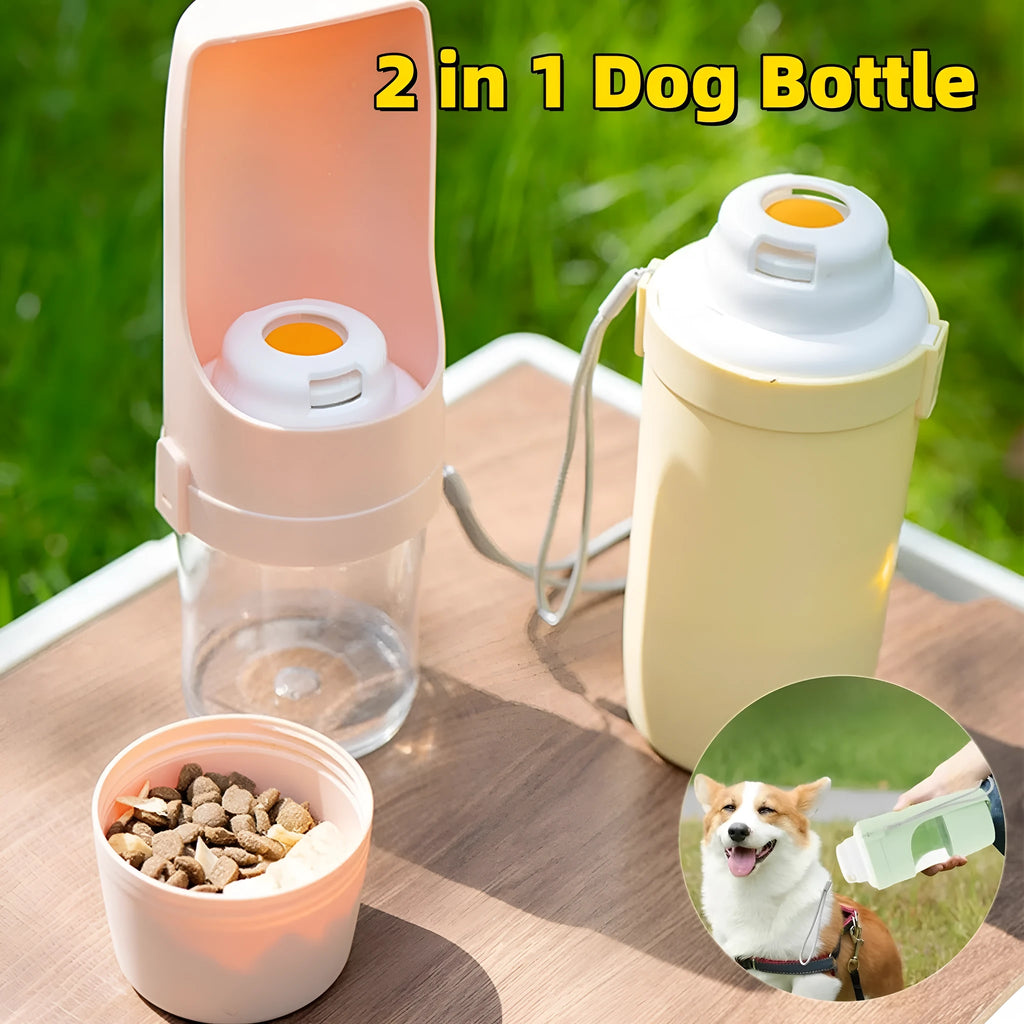 Grey folding travel dog water bottle with attached lanyard and separate food container, shown next to a backpack.