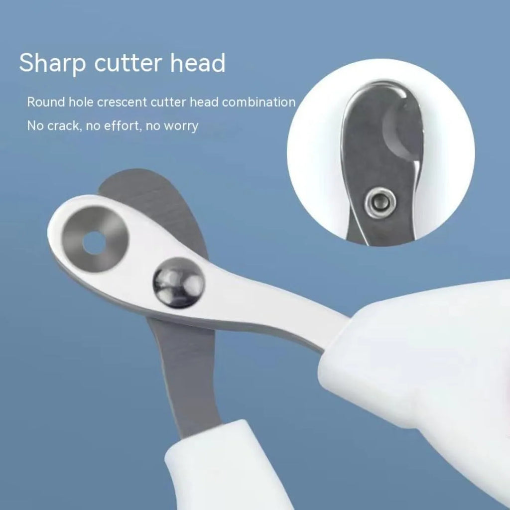 Blue pet nail clippers with a circular safety hole and cushioned non-slip handle.
