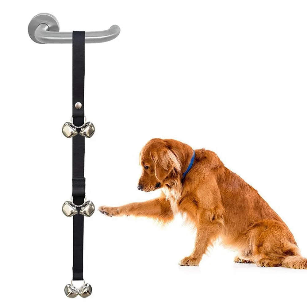Adjustable dog training doorbell with silver metal bells on nylon strap for potty training