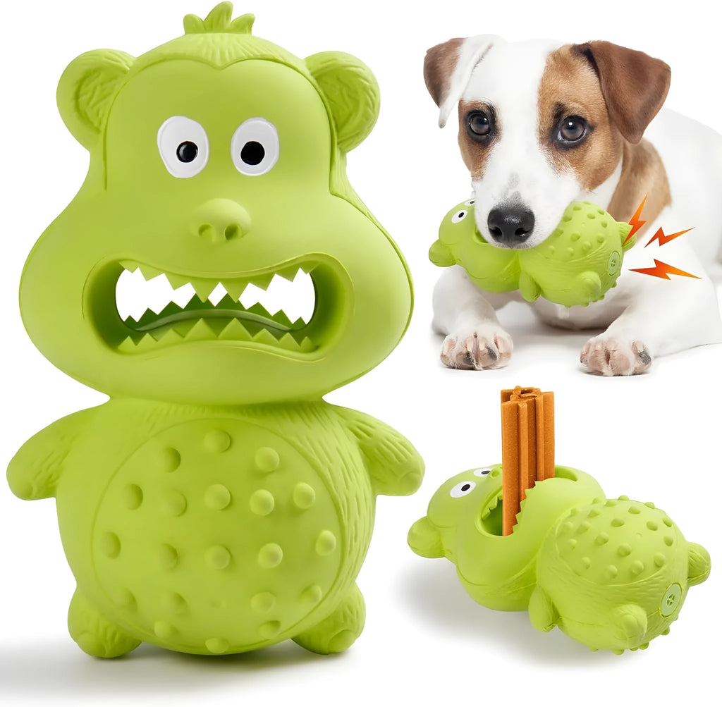 Green natural rubber dog chew toy for aggressive chewers with treat-filling hole