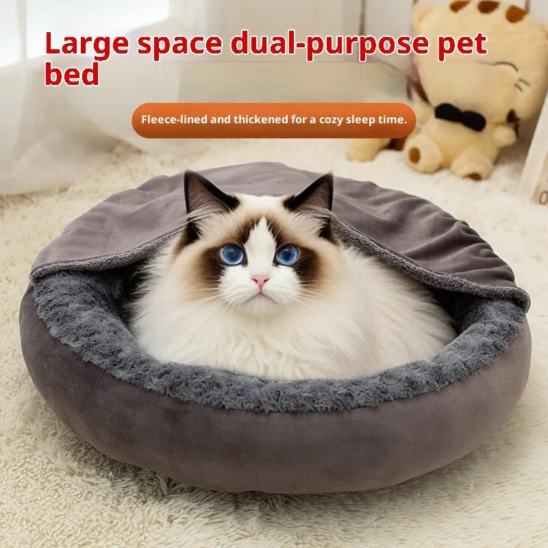 Round dark grey cat bed with thickened flannel surface, available in 50cm, 60cm and 70cm diameters
