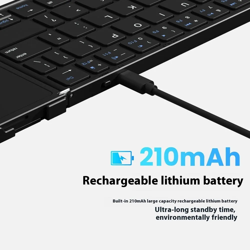 Black folding Bluetooth keyboard with either touchpad or digital board accessory for mobile phones and tablets
