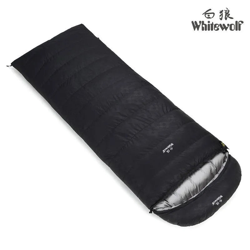 Black outdoor sleeping bag with envelope structure and white goose down filler for camping