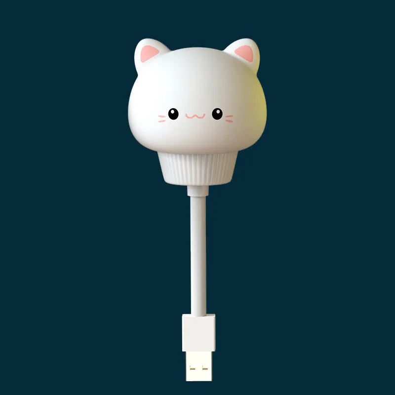 USB portable cartoon animal LED night light in rabbit design with adjustable brightness settings.