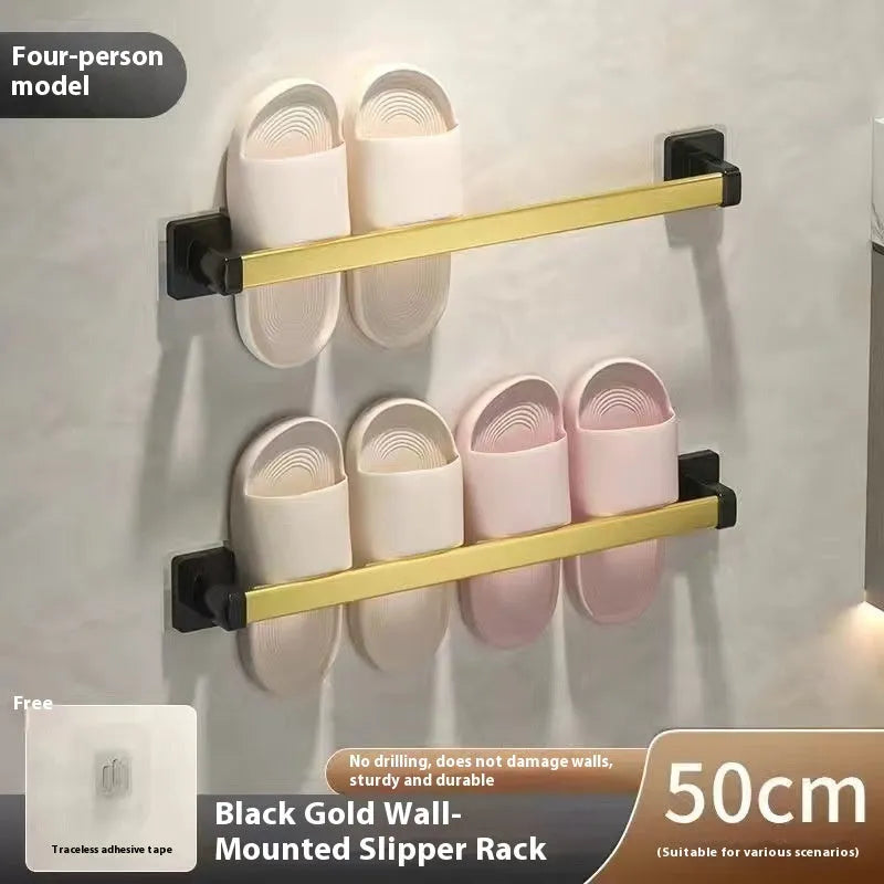 Nordic style wall-mounted bathroom slipper rack with integrated seat in black finish