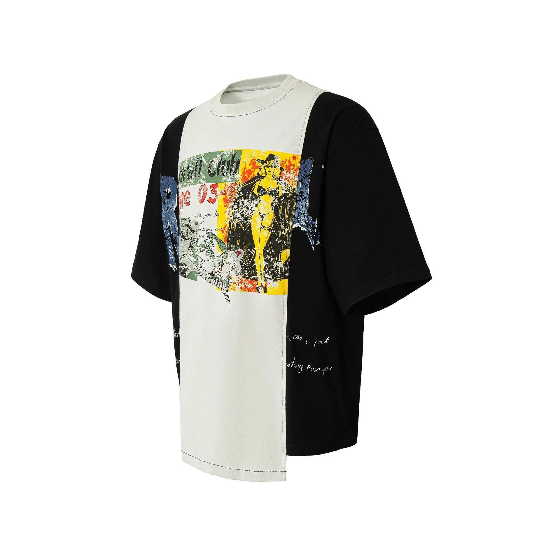 Black and white stitched deconstruction print cotton blend T-shirt with loose streetwear styling
