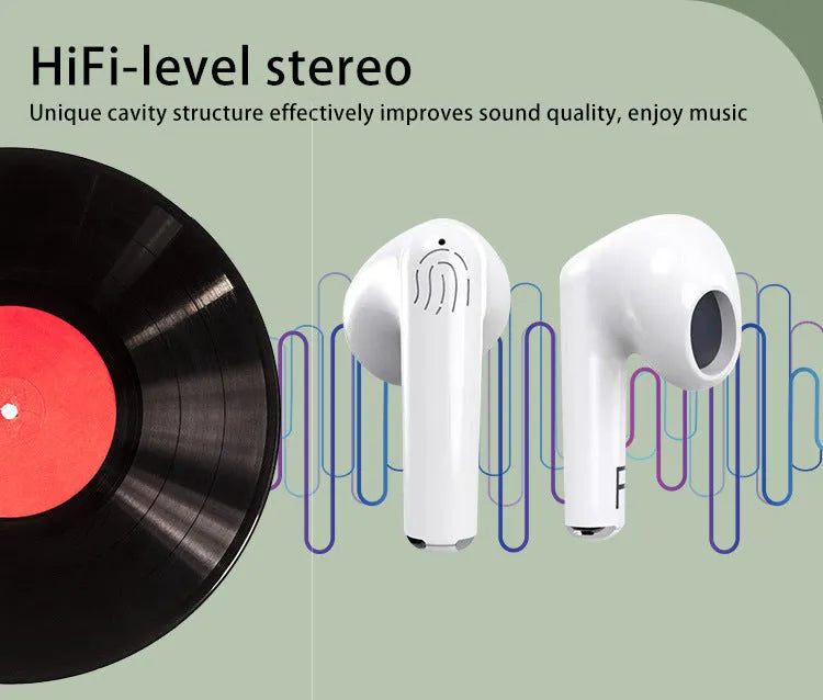 White wireless Bluetooth earphones with semi in-ear design and a matching white charging case.
