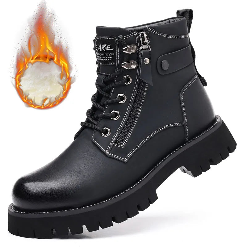 Men's brown high-top leather Martin boots with a side zipper and round toe on a non-slip rubber sole.