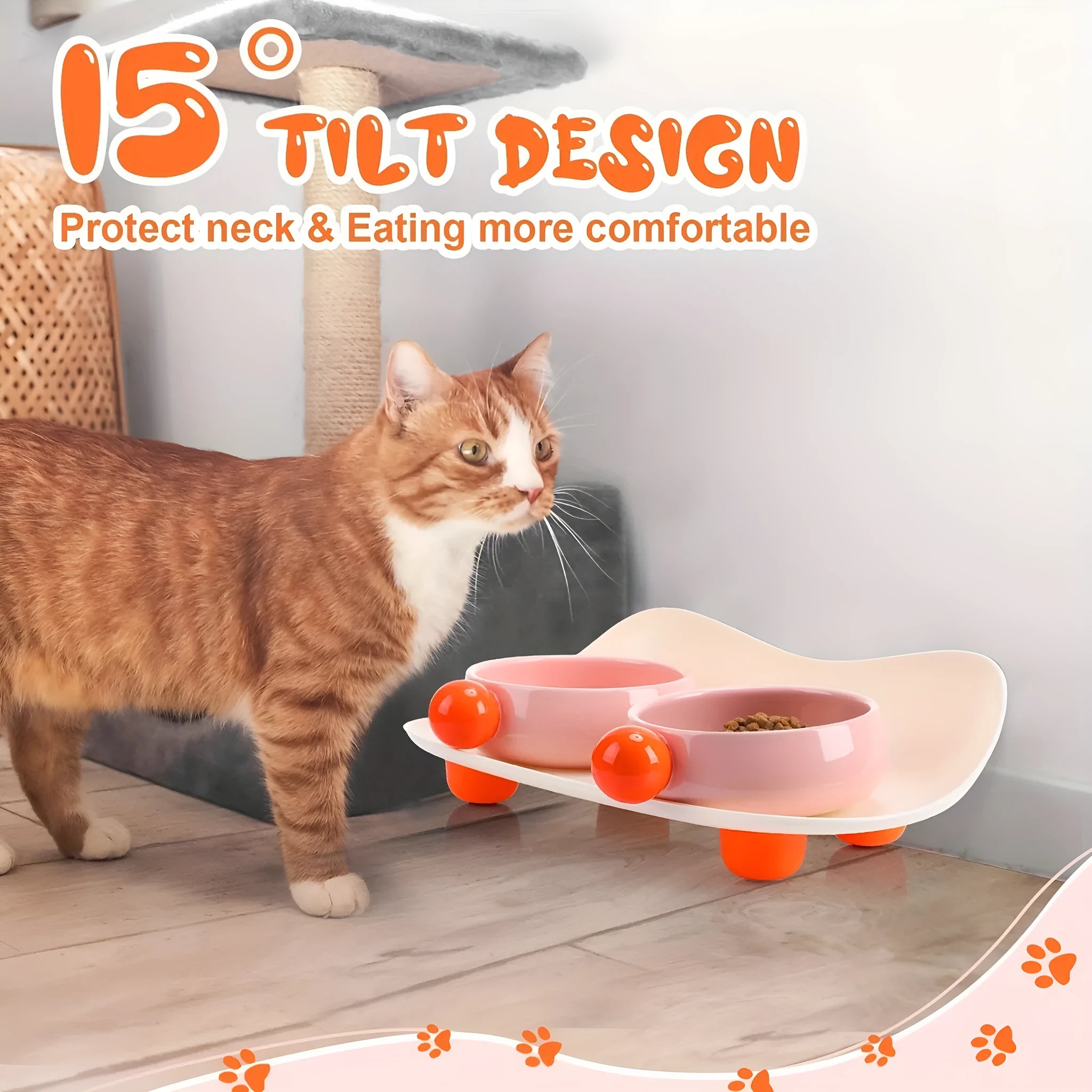 Ceramic double raised feeding bowl set for cats with non-slip support in pink, yellow, or pink yellow colour options
