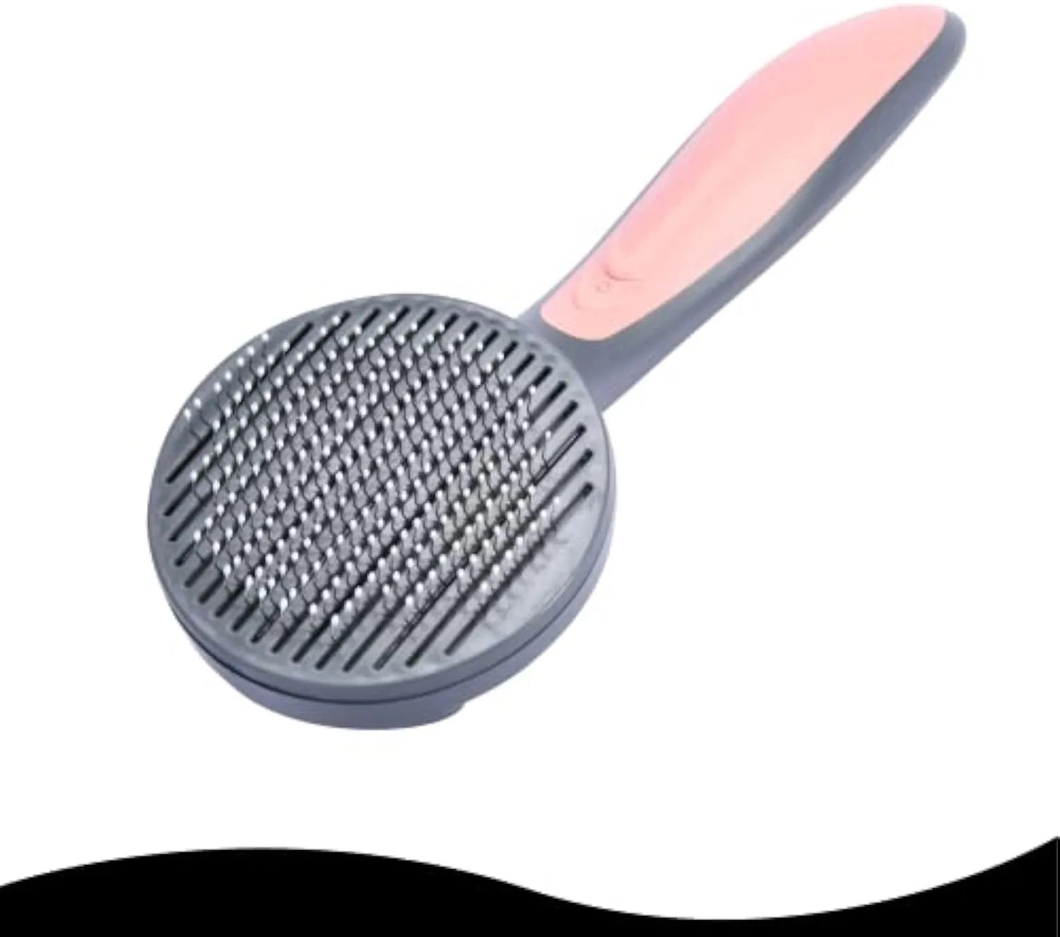 Grey self-cleaning slicker brush for pets with a one-click button and massage-tipped bristles on a white background