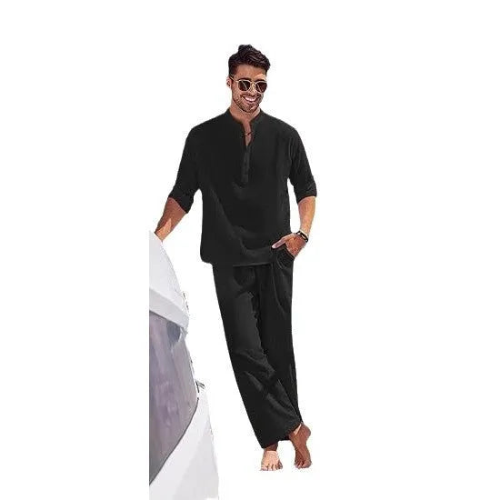 Men's cotton casual suit with long sleeve top and trousers in solid colours
