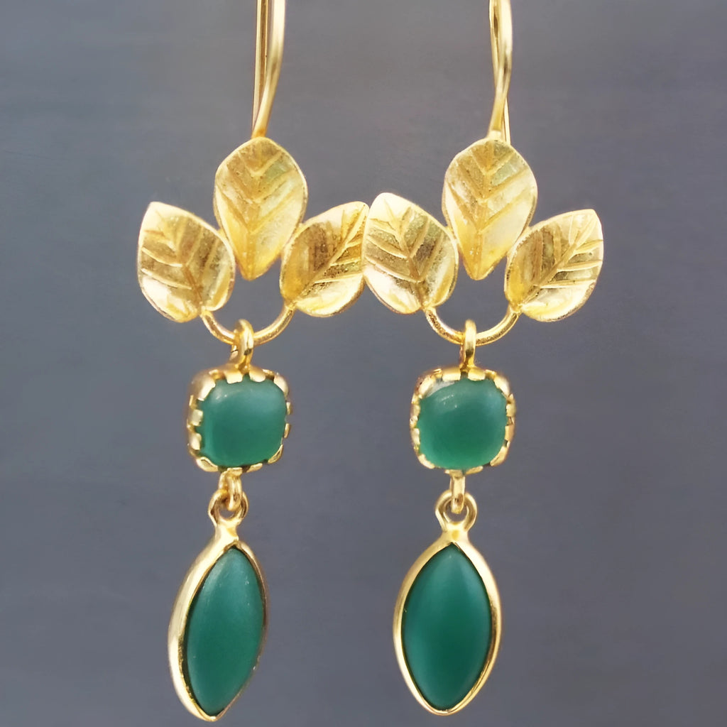 Gold French leaves tassel drop earrings with water drop zircon accents on copper