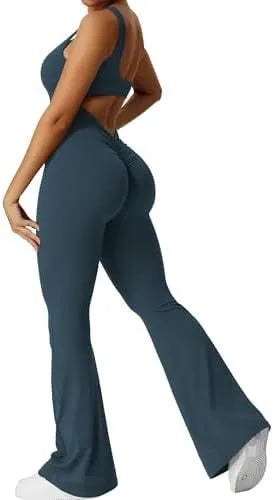 Women's sleeveless flare jumpsuit long pants in high-elasticity polyester for yoga and fitness